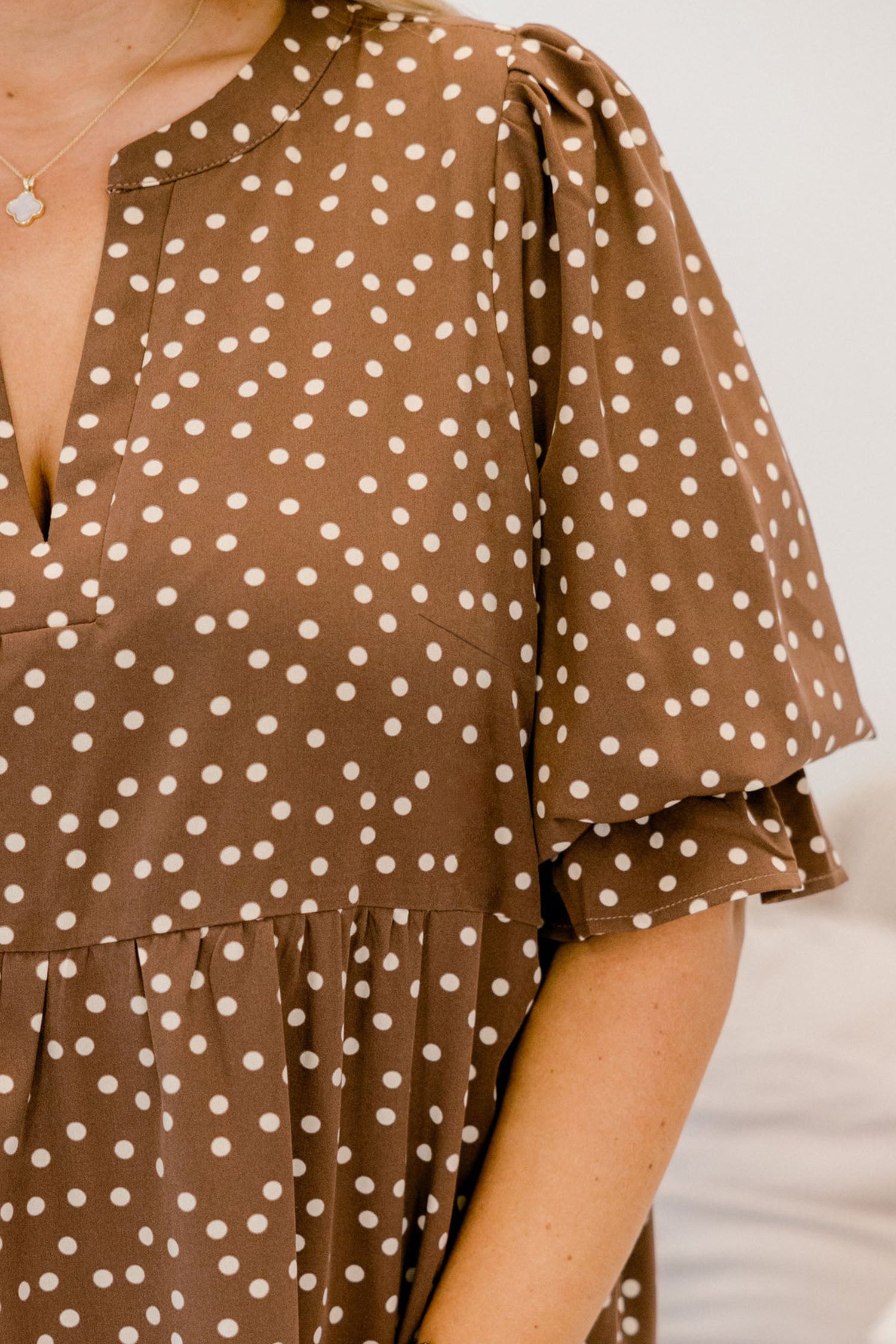 V Neck Polka Dot Long Sleeve Shift Plus Size Dress – Brown