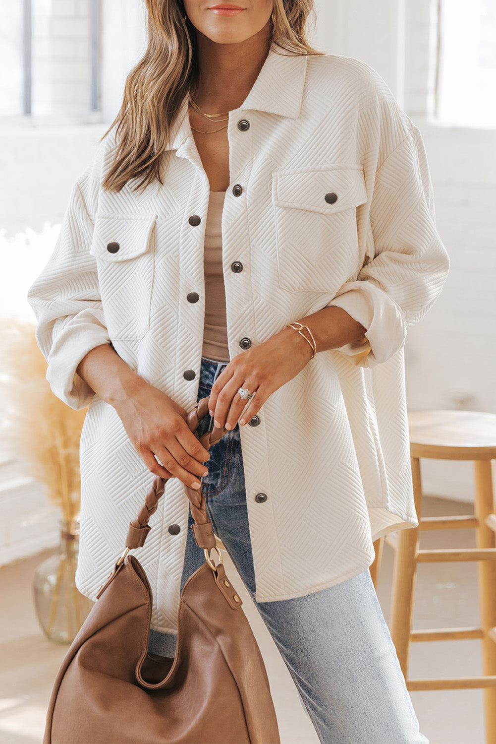 Solid Textured Flap Pocket Buttoned Shacket eAura