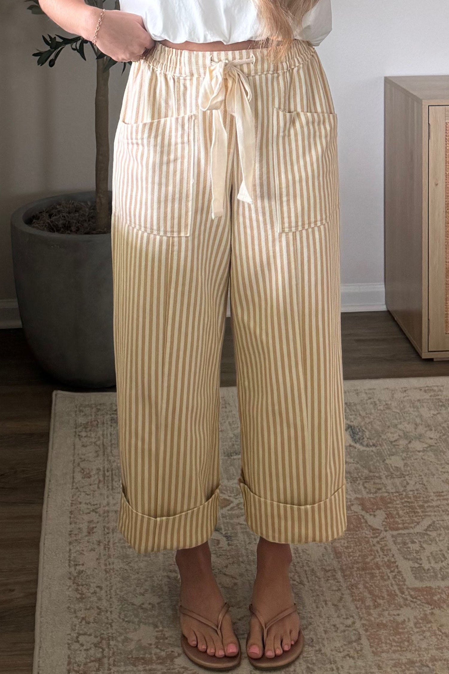 Ribbon Drawstring Waist Full-Length Shift Pant – Apricot Stripe
