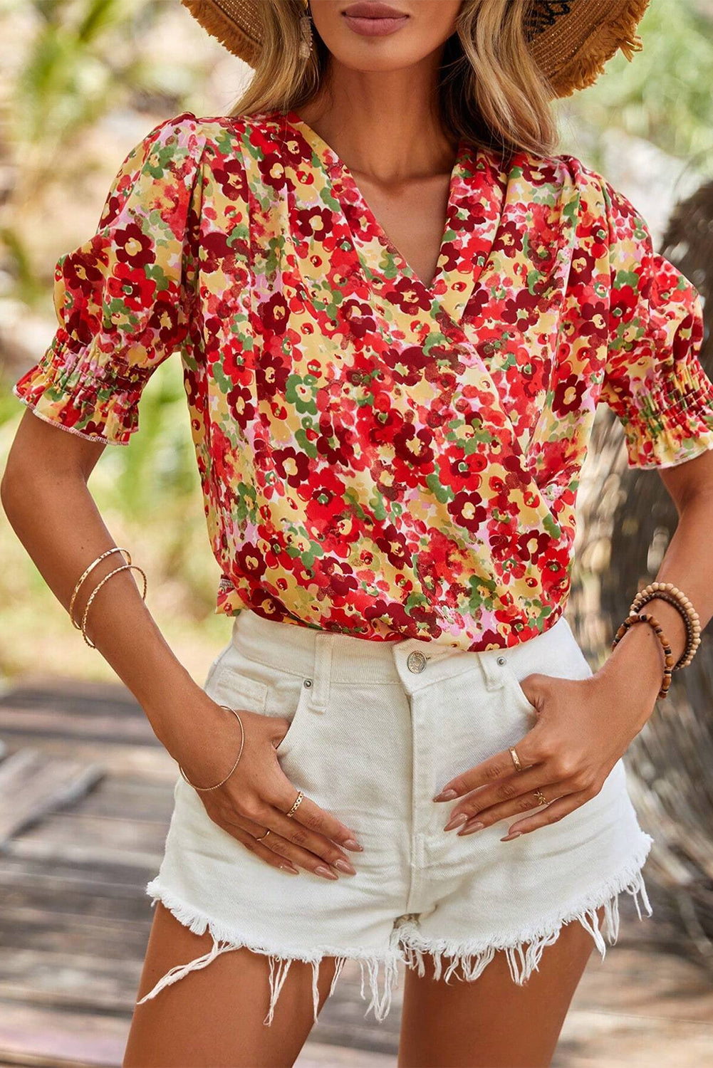 Floral Bubble Sleeve Pleated V-Neck Wrap Blouse eAura