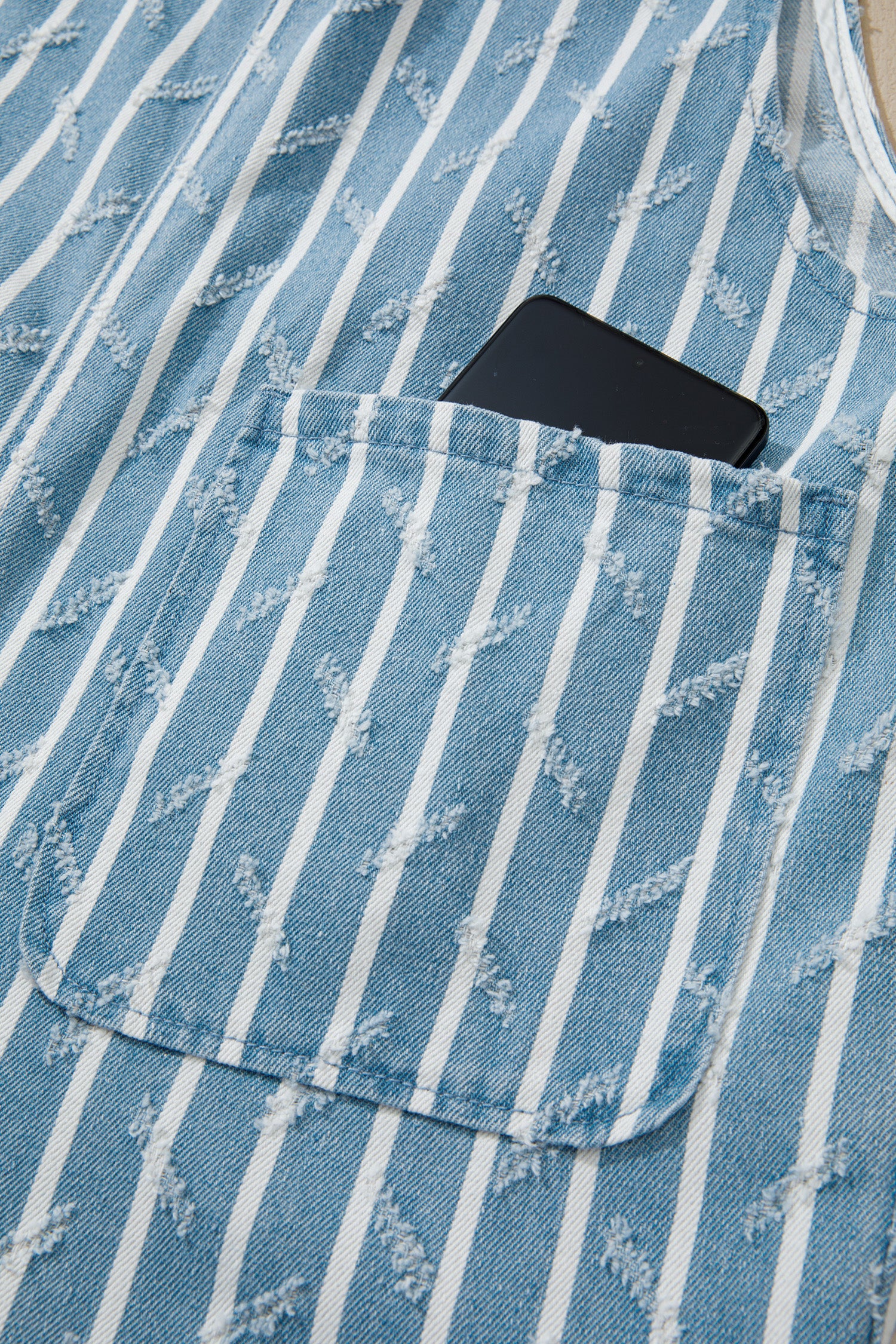 Striped Distressed Ruffled Wide Leg Denim Overalls – Blue