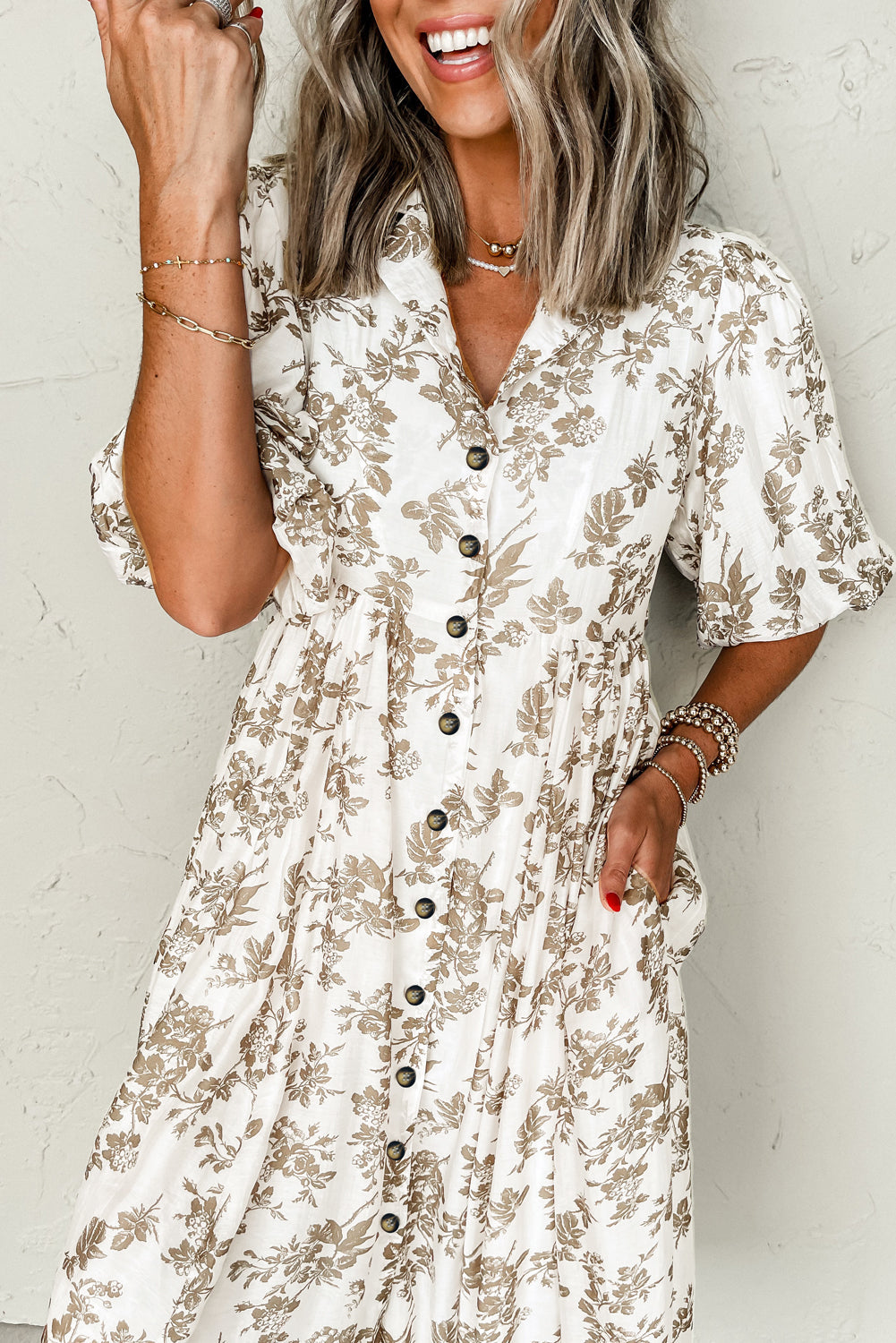 Khaki Floral Puff Sleeve V Neck Buttoned Front Maxi Dress eAura