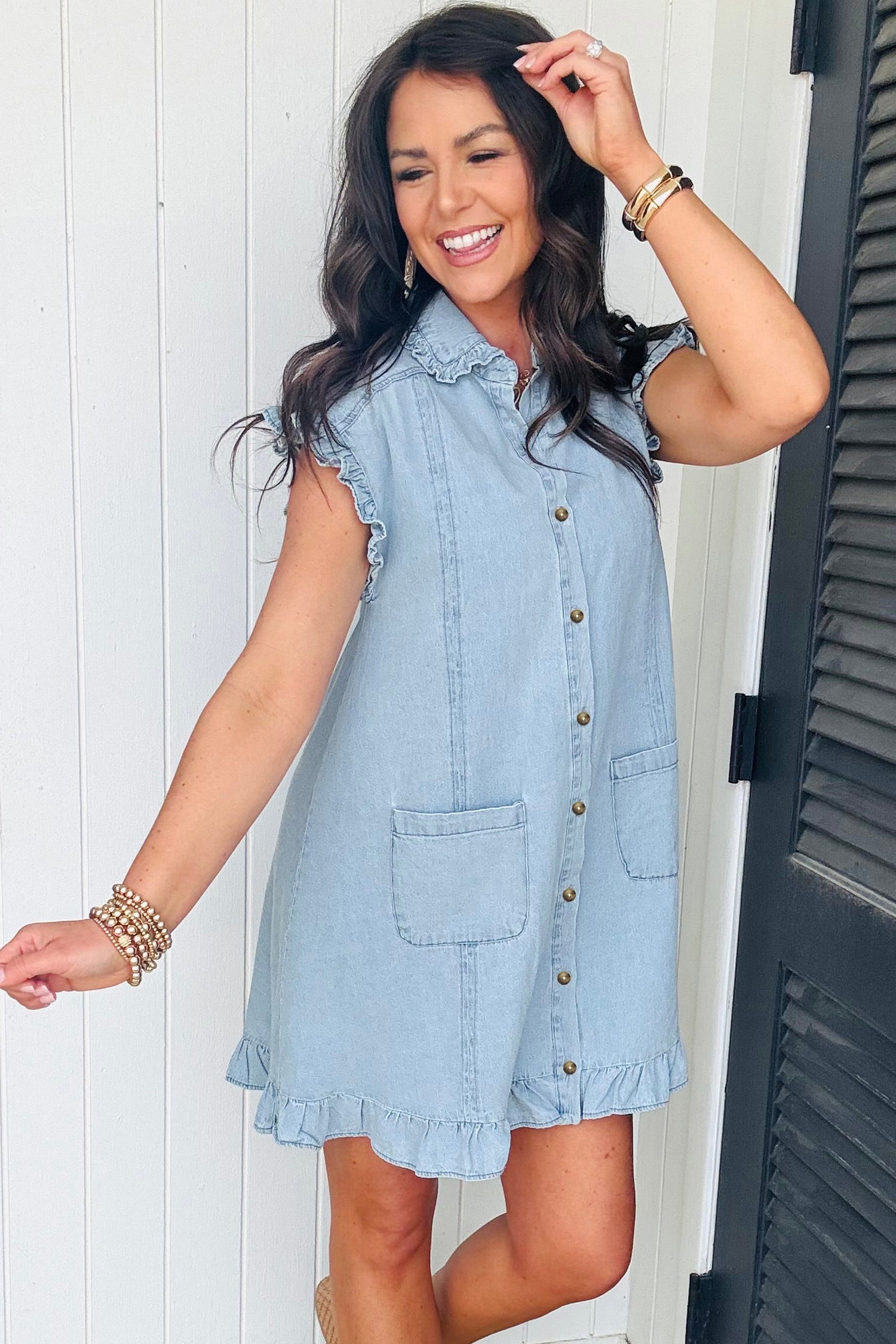 Blue Ruffled Edge Collared Shift Denim Dress with Pockets