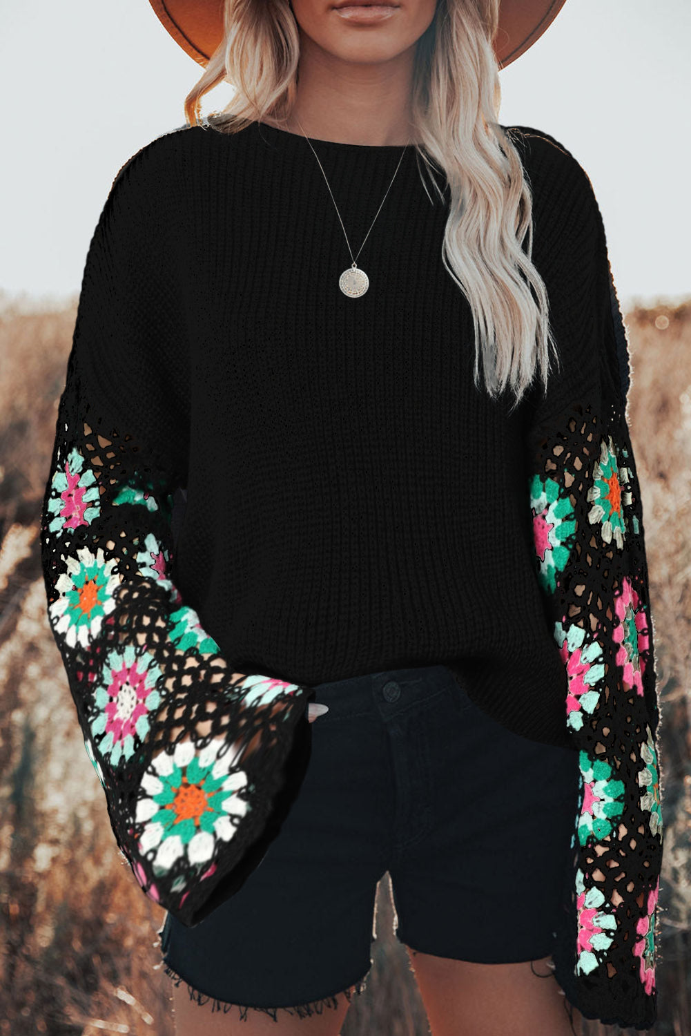Black Floral Crochet Bell Sleeve Loose Sweater eAura