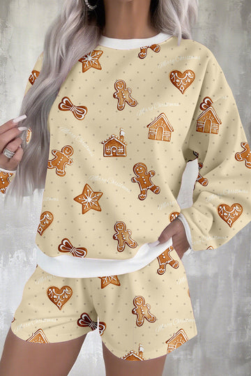 Beige Gingerbread Man Christmas Print Long Sleeve Pullover Lounge Short Set - eAura