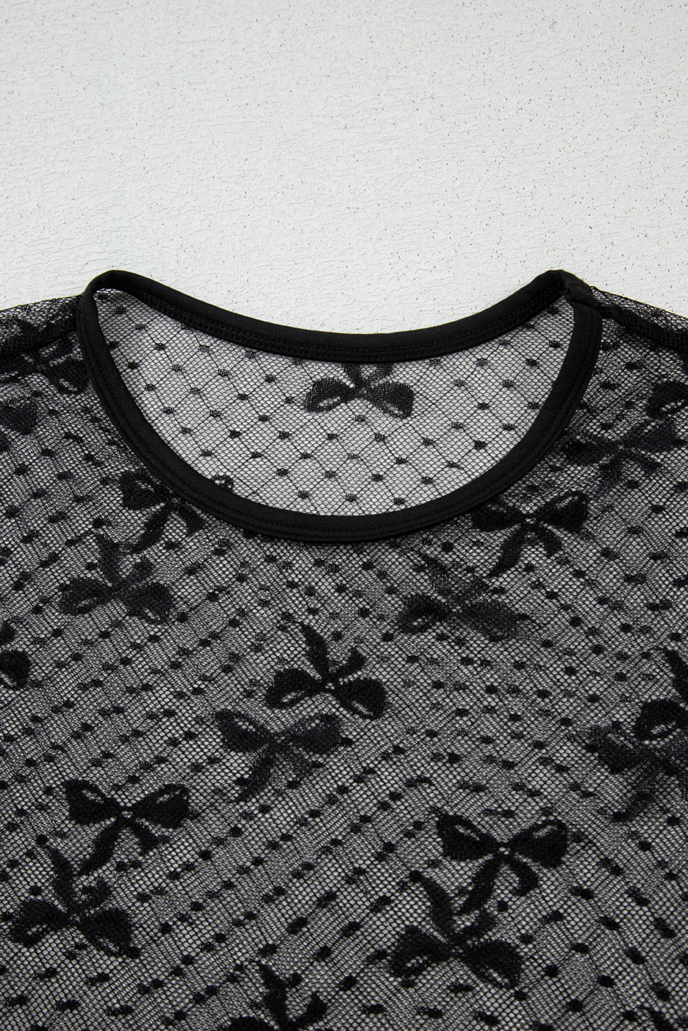 Black Bow Pattern Accent Mesh Long Sleeve Top eAura