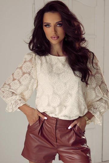 Oatmeal Flower Jacquard Button Back Ruffled 3/4 Sleeve Blouse eAura