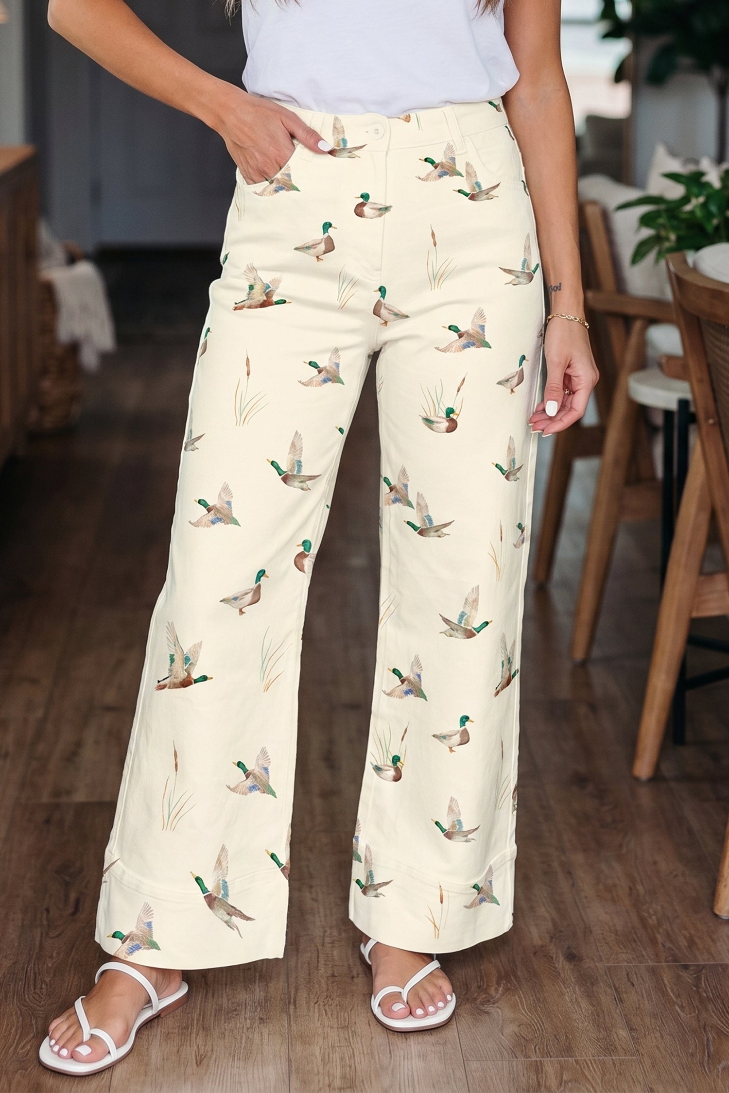 Beige Mallard Print Cuffed Hem Shift Jeans