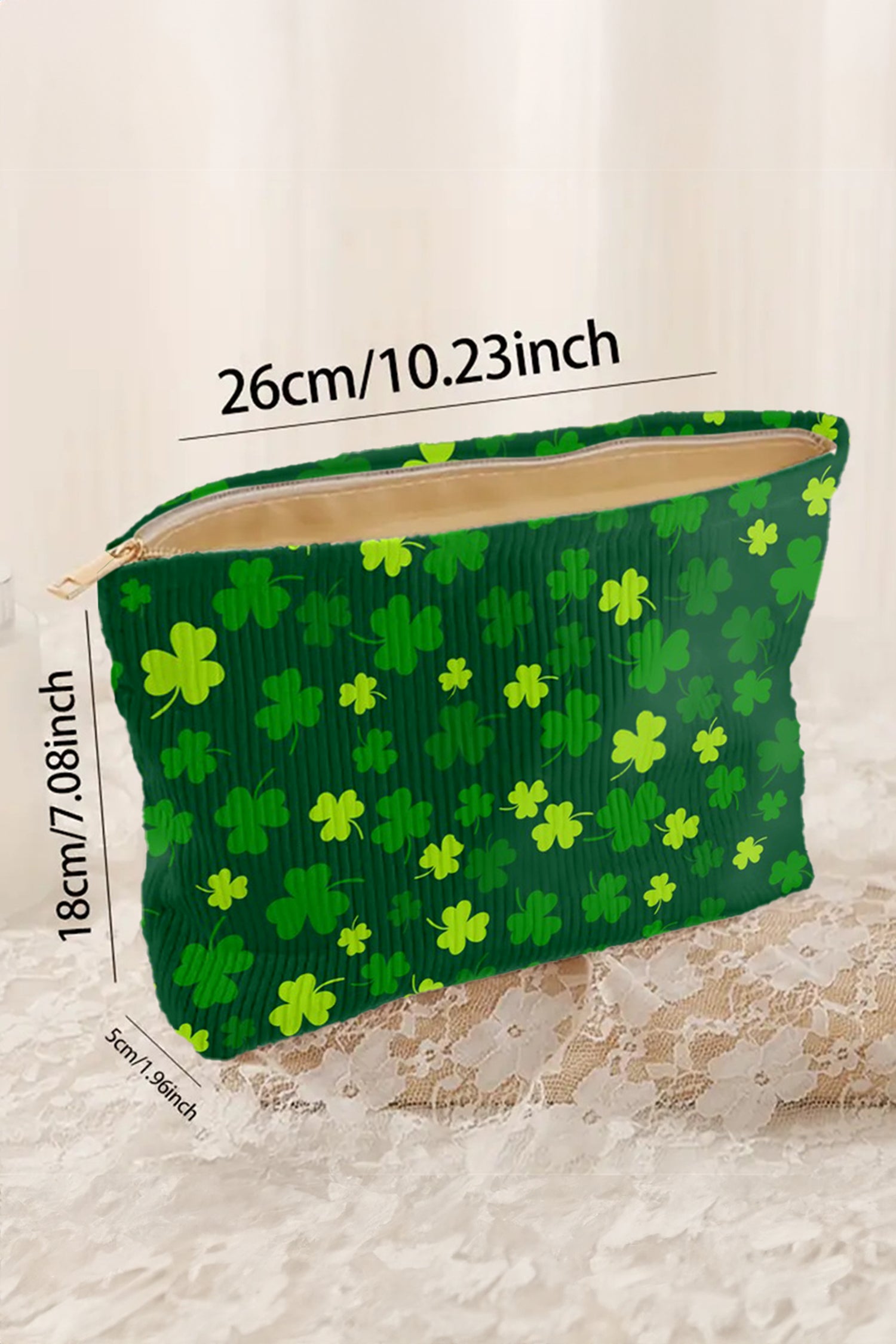 White St Patricks Lucky Clover Printed Soft Ribbed Makeup Bag