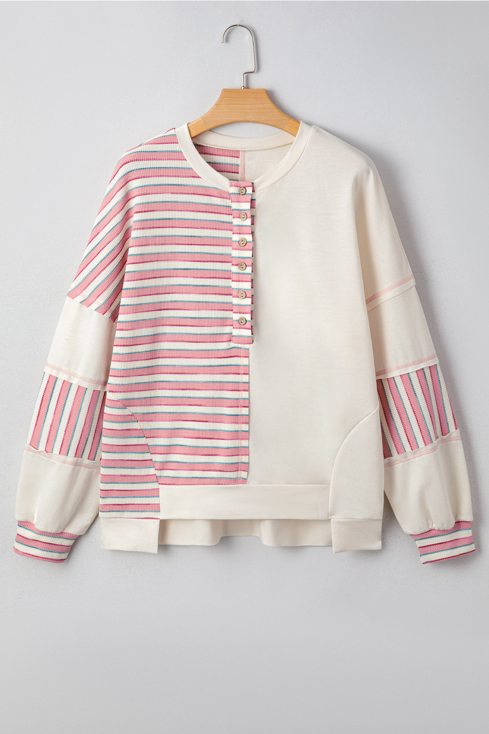 Stripe Stitched Detail Patchwork Oversized Pullover Top - eAura