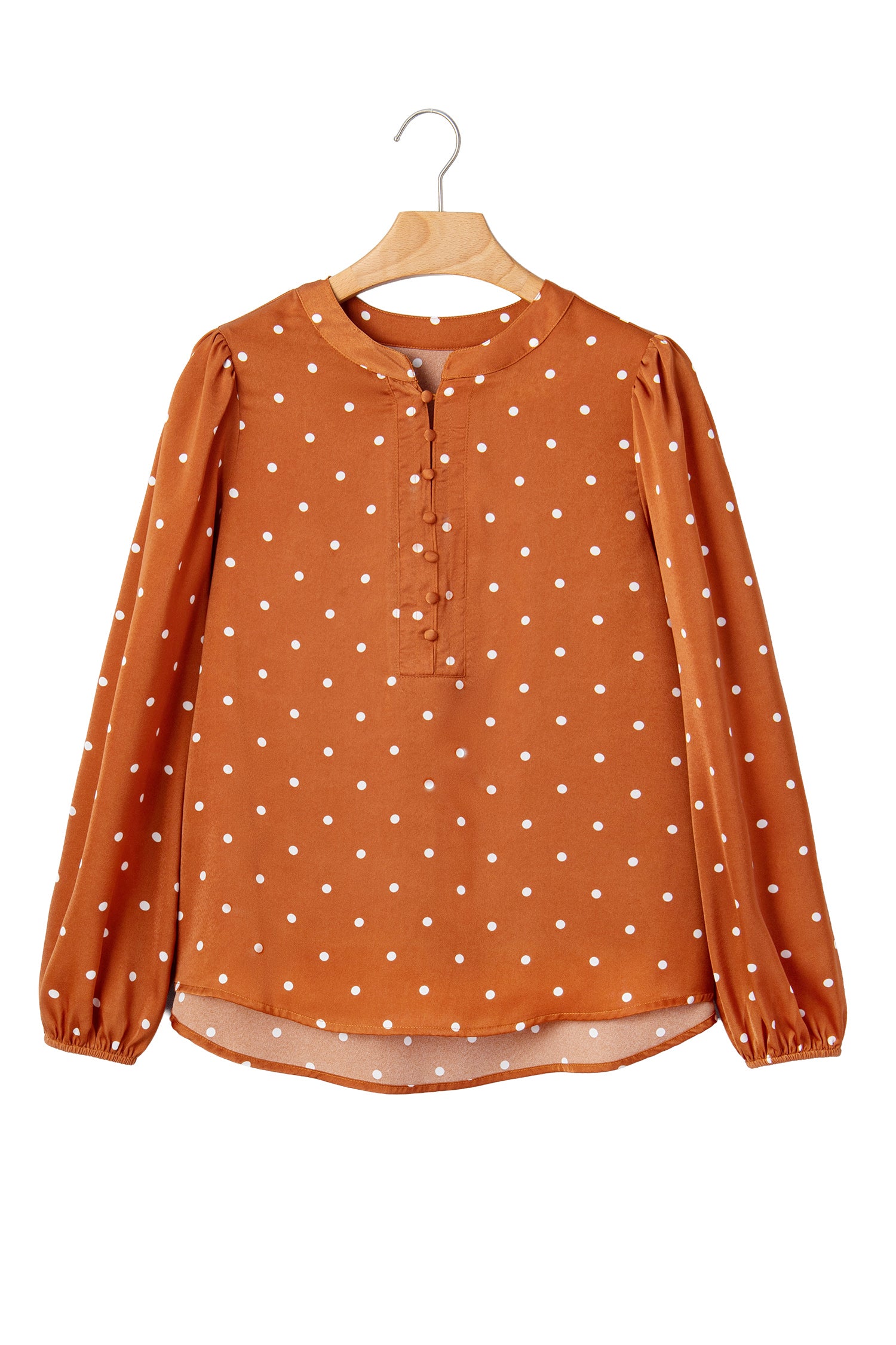 Polka Dot Half Button V Neck Long Sleeve Blouse – Brown