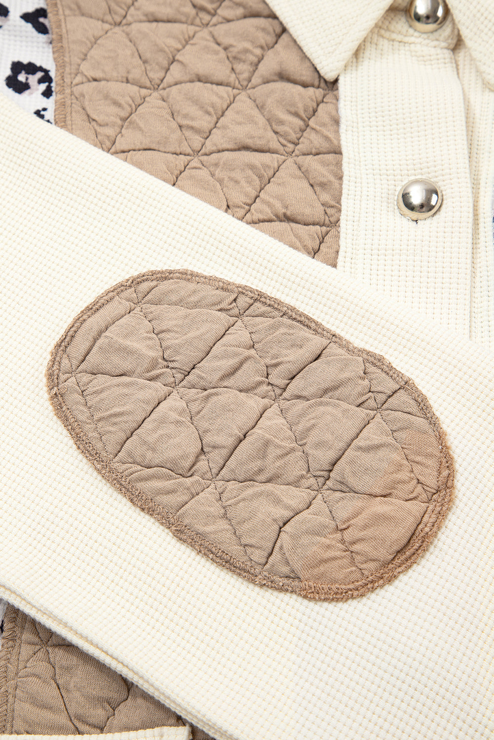 Khaki Leopard Waffle Quilted Patchwork Button Front Jacket eAura