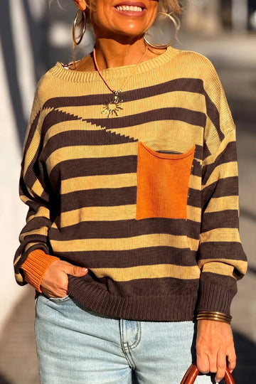 Striped Drop Shoulder Colourblock Pullover Sweater – Brown Stripe