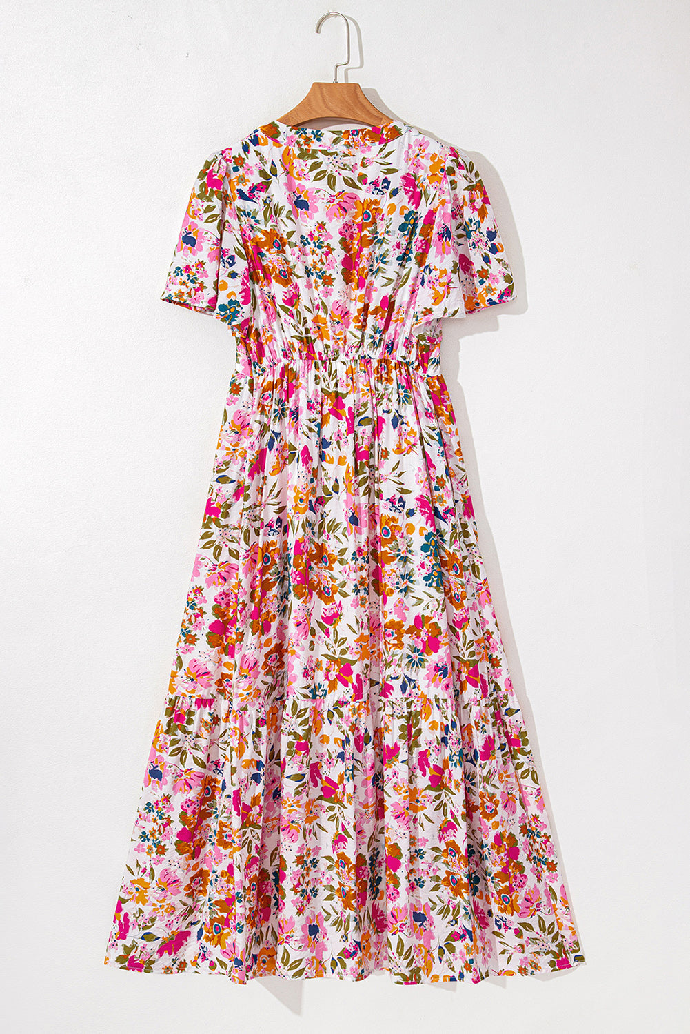 Red Floral Short Sleeve V Neck High Waist Maxi Dress eAura