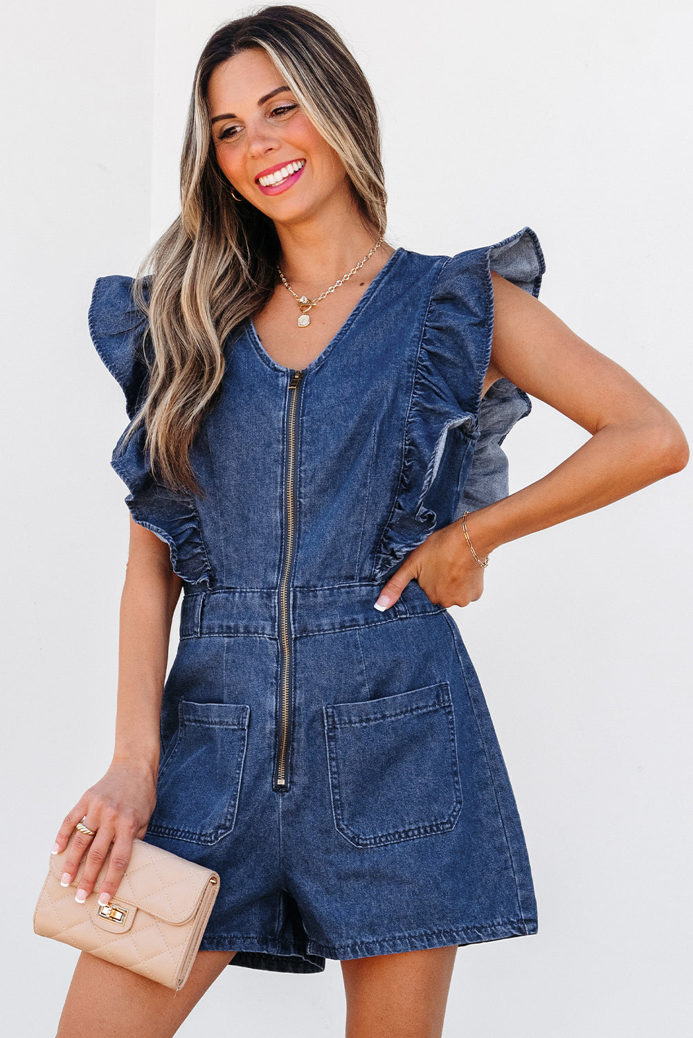 Sail Blue Denim Ruffled Zipped Front Belted Romper eAura