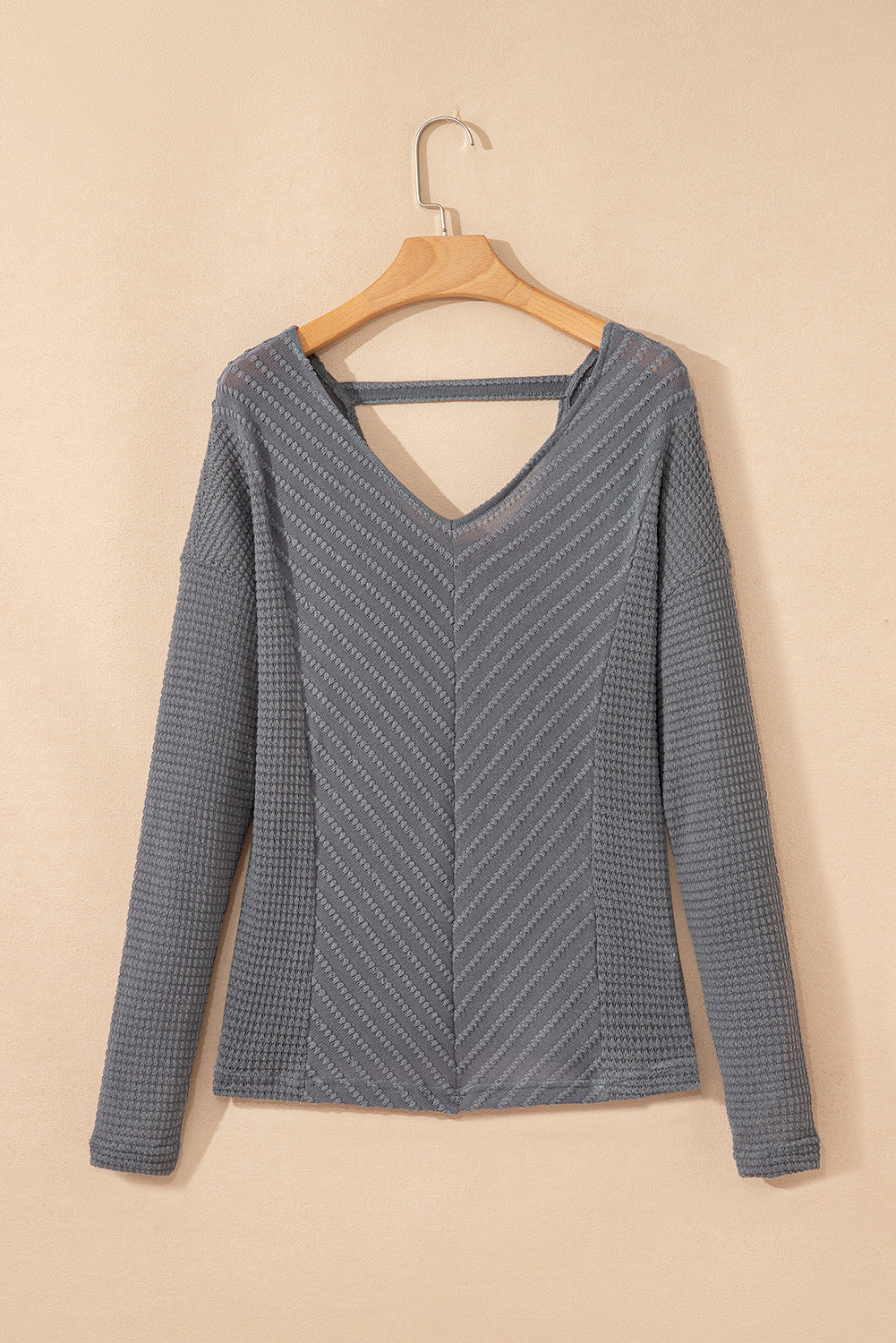 V-Neck Chevron Textured Long Sleeve Top - eAura