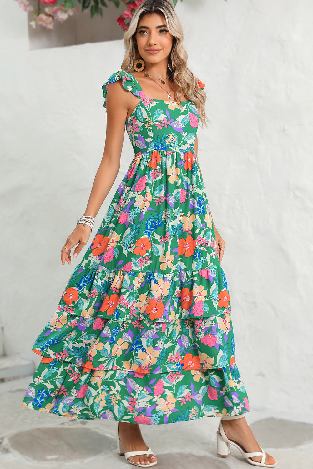 Floral Print Ruffle Sleeveless Tiered Maxi Dress