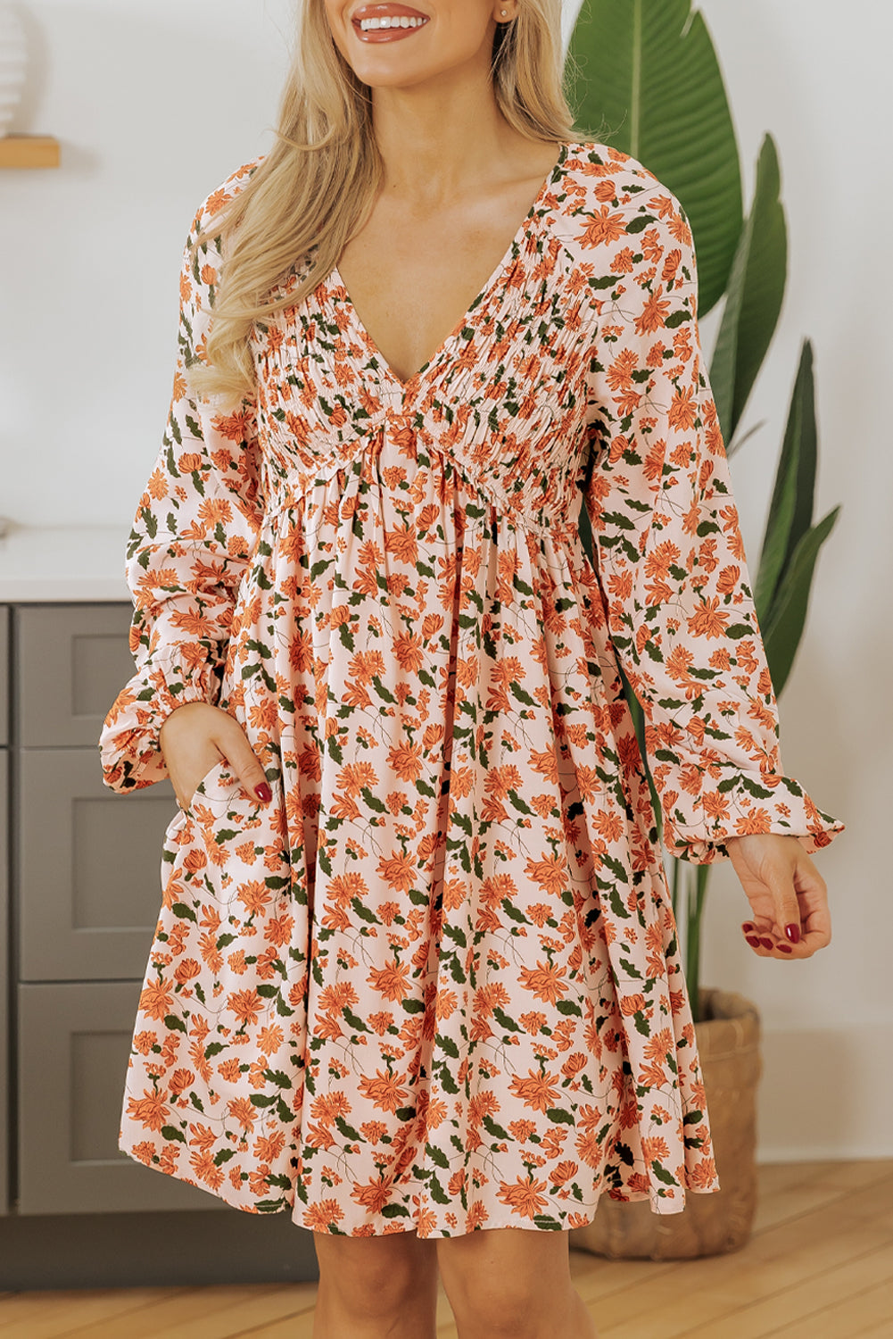 Beige Floral Deep V Neck Smocked Bust Bubble Sleeve Babydoll Dress eAura