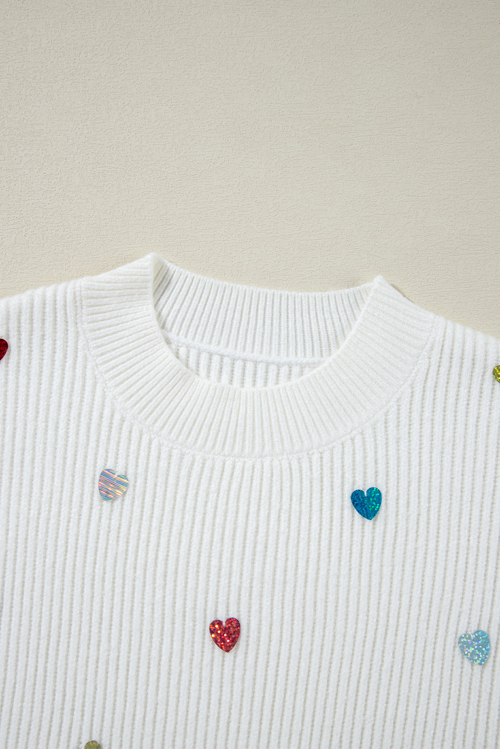 Beige Sequin Heart Shape Waffle Knit Round Neck Sweater eAura
