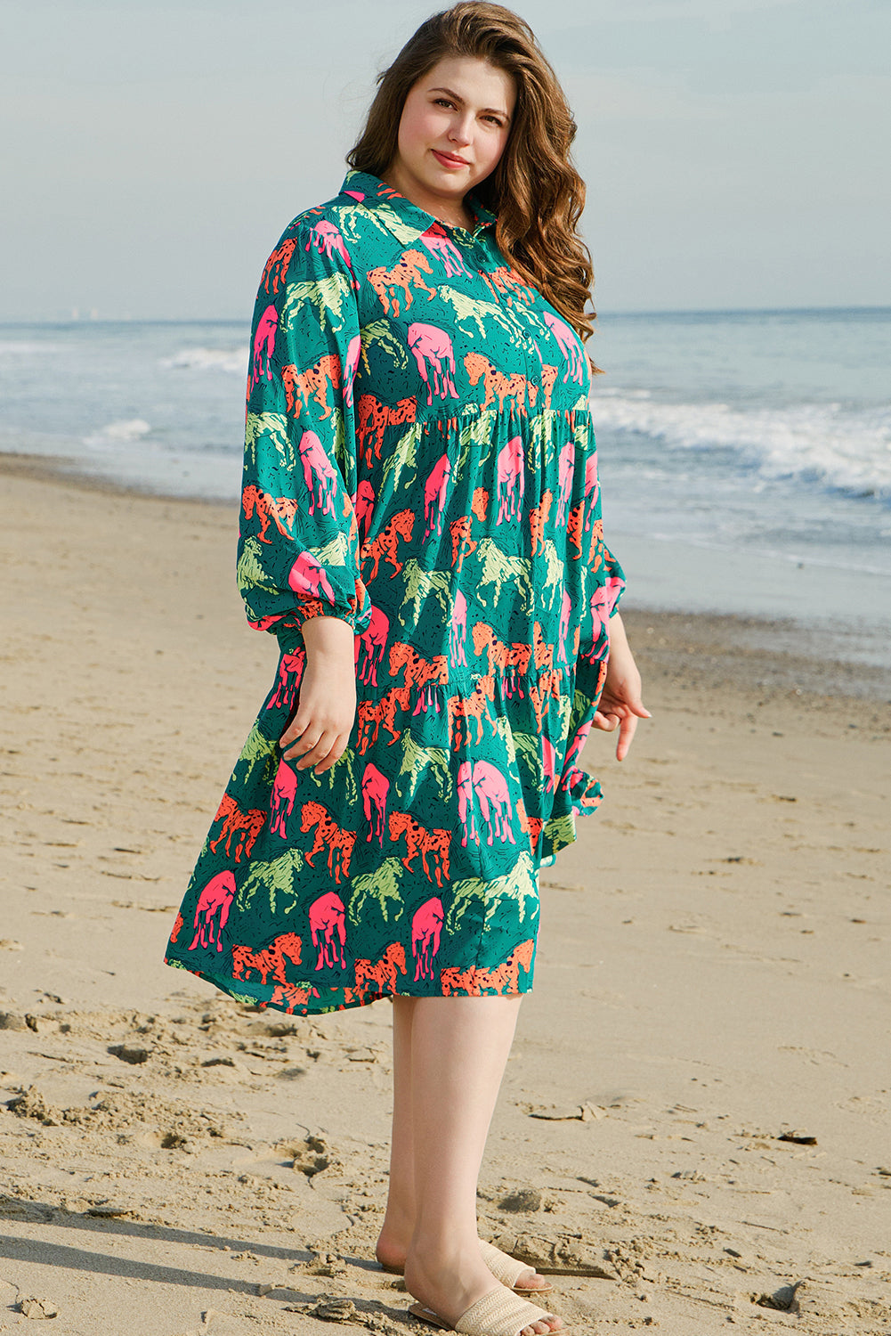 Green Horse Printed Long Sleeve Collared Buttoned Plus Size Midi Dress BB Fashion Outlet