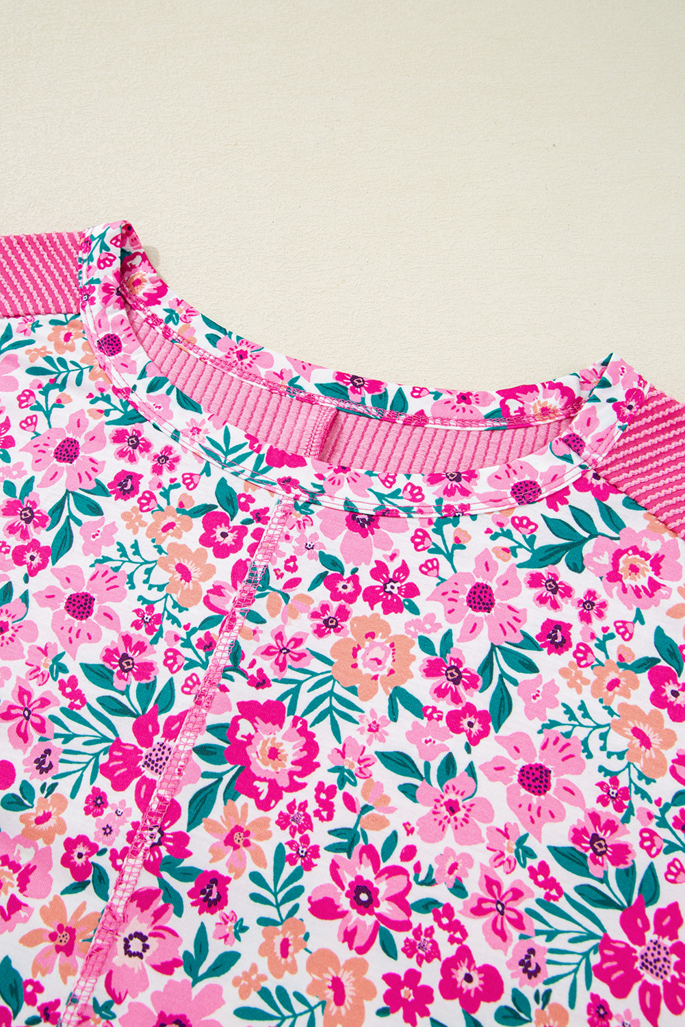 Pink Plus Size Floral Print Ribbed Patchwork Loose Top BB Fashion Outlet
