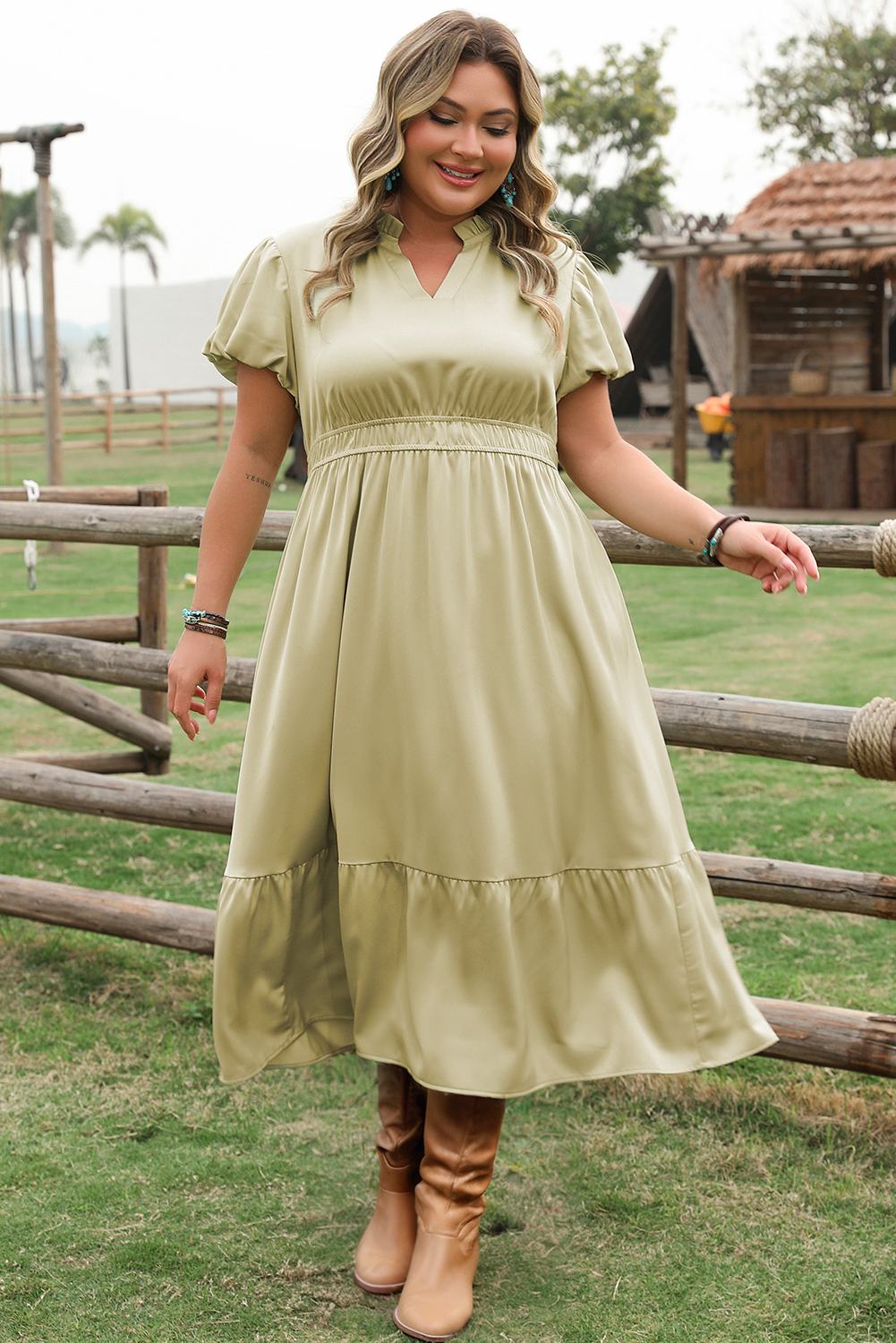Laurel Green Notched V Neck Puff Sleeve Tiered Plus Size Maxi Dress BB Fashion Outlet