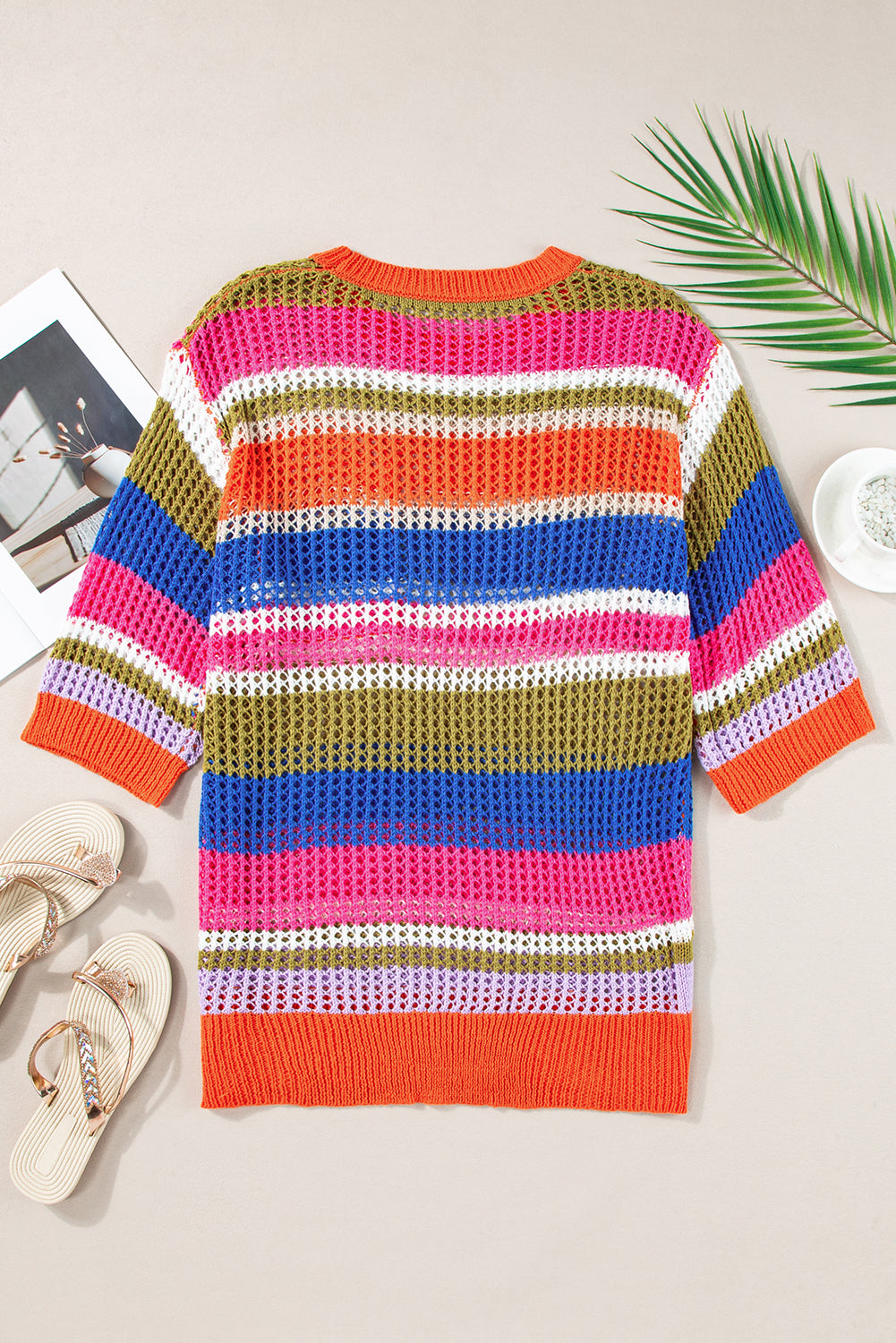 Pink Stripe Colourblock Hollowed Crochet 3/4 Sleeve Sweater eAura