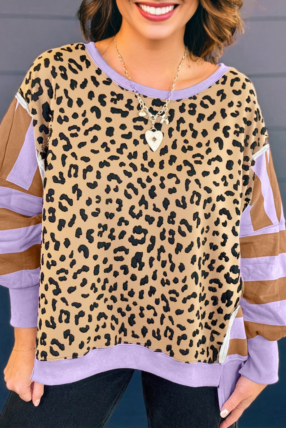Purple Leopard Striped Patchwork Plus Size Loose Sweatshirt eAura