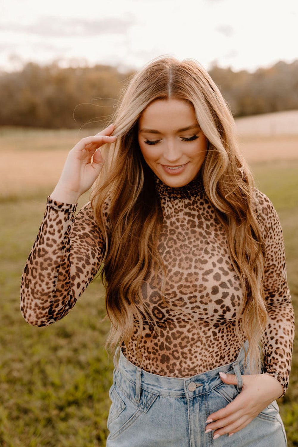 Brown Leopard Smocked Neck Mesh Long Sleeve Bodysuit eAura