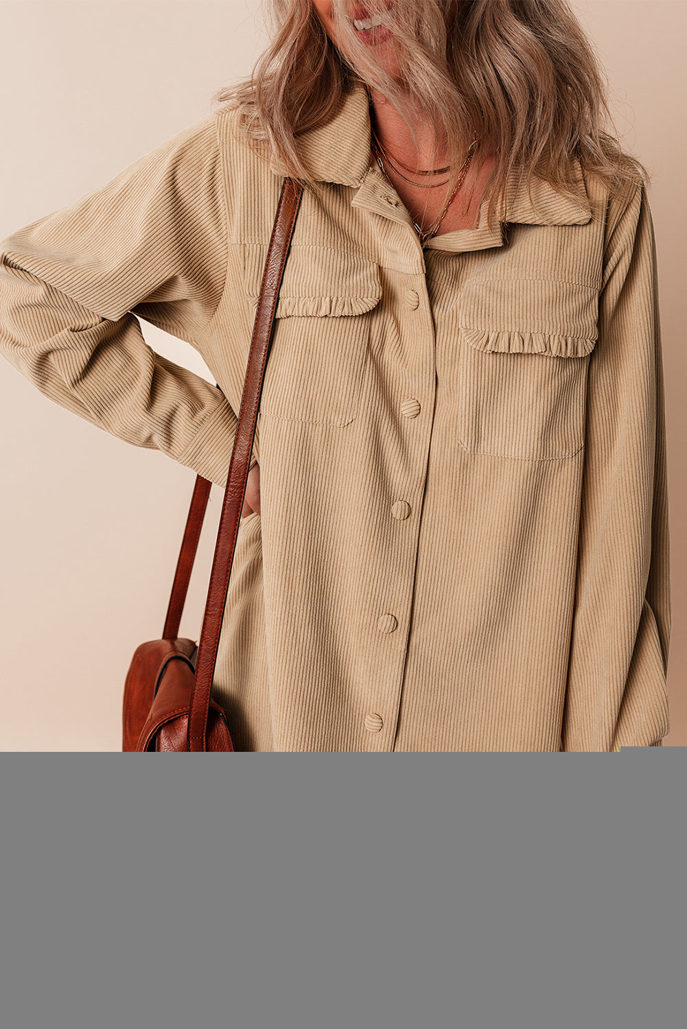 Light French Beige Solid Frilled Flap Pocket Button Up Corduroy Shacket Beagle Boutique Fashion Outlet