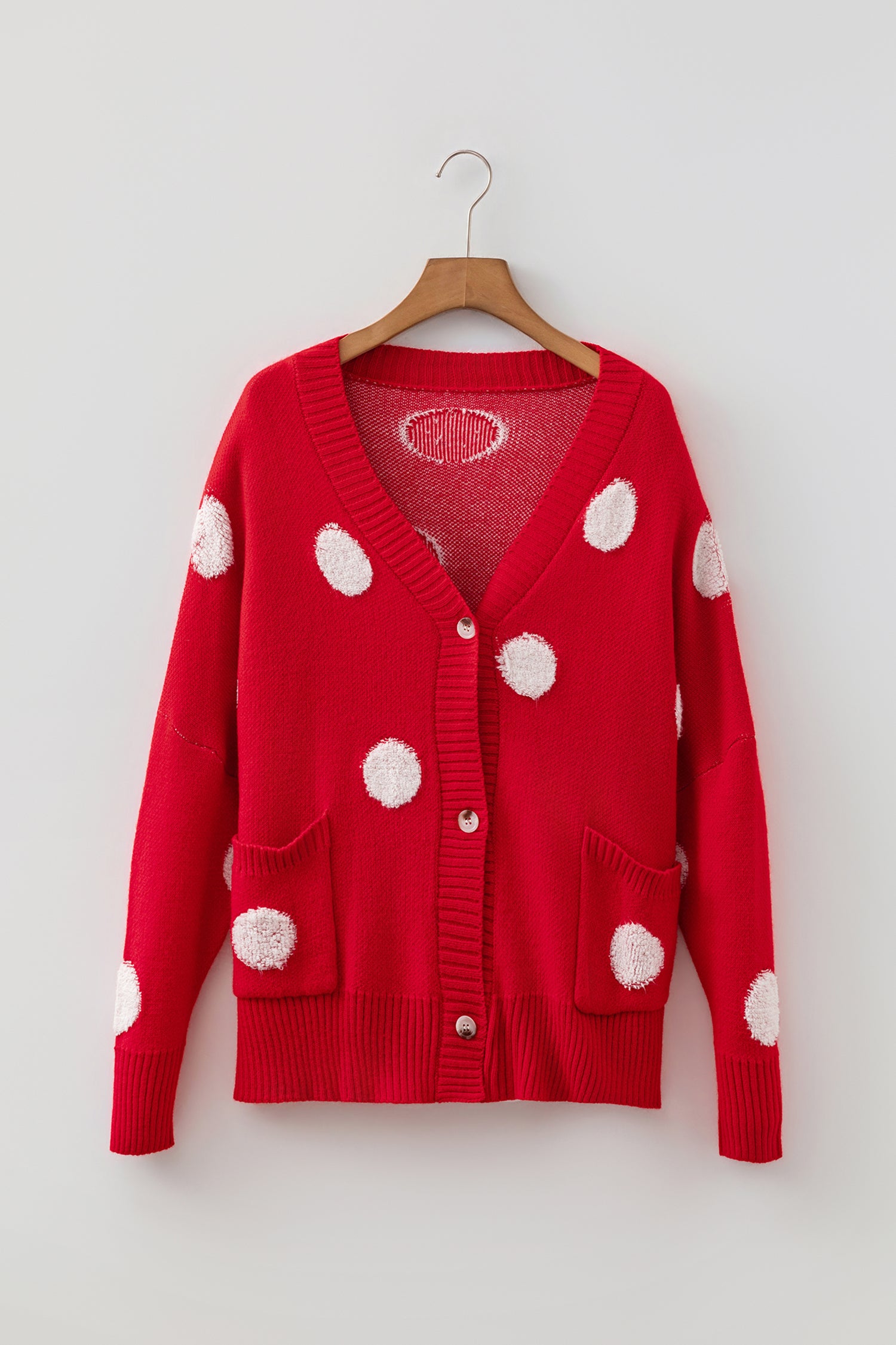 Polka Dot Button Front Oversized V Neck Cardigan – Beige