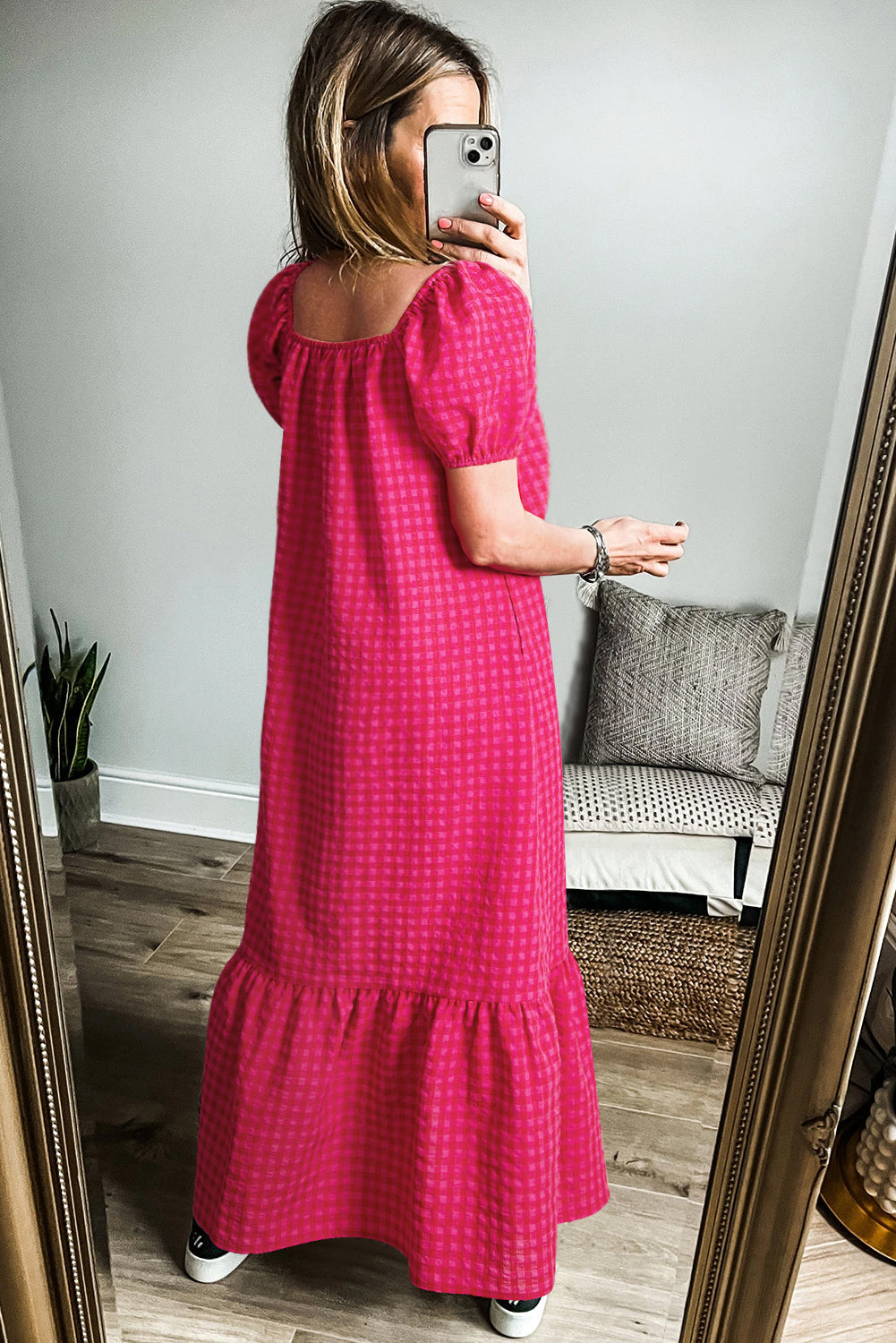 Rose Ginham Check Bubble Sleeve Ruffled Maxi Dress - eAura