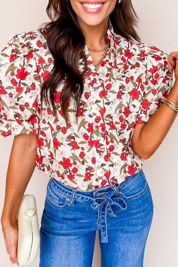 Floral Print Short Puff Sleeve Button Front Shirt