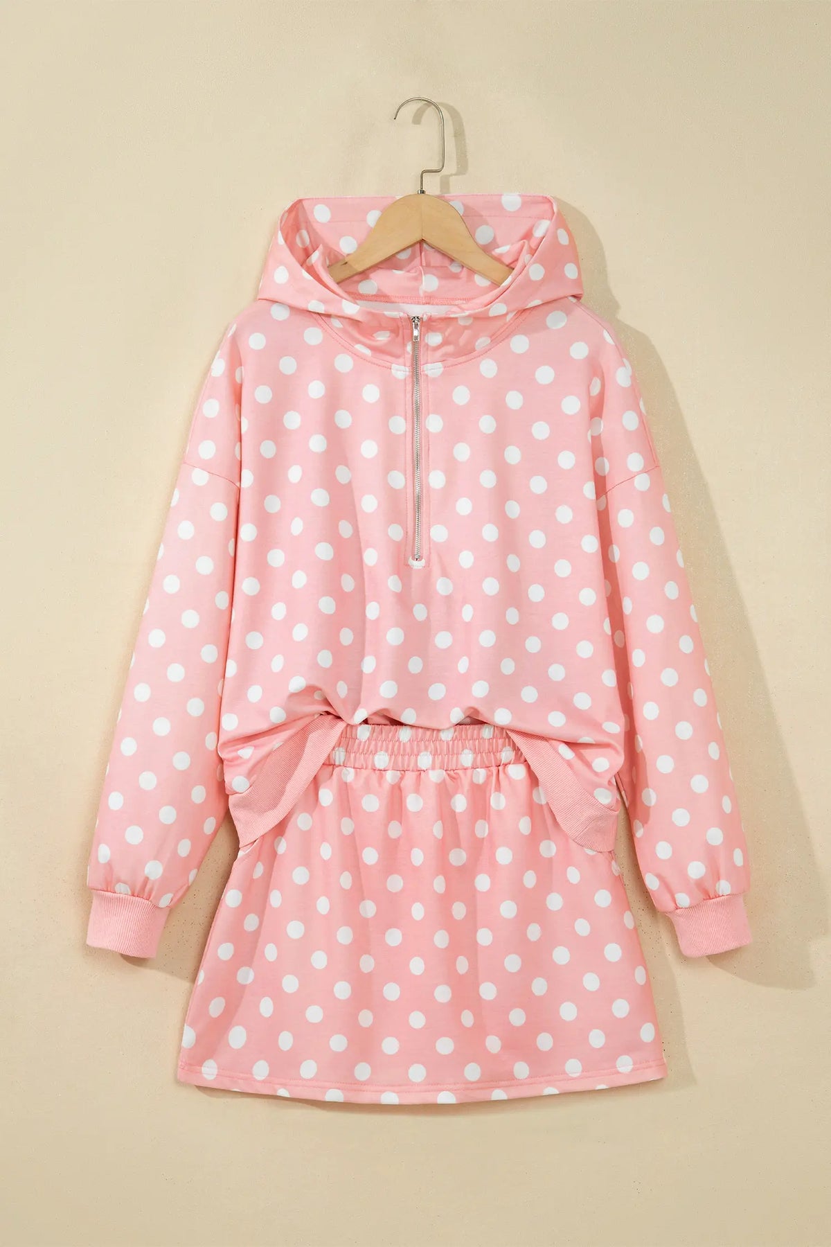 Polka Dot Hooded Long Sleeve Top Casual Mini Skort Set – Khaki