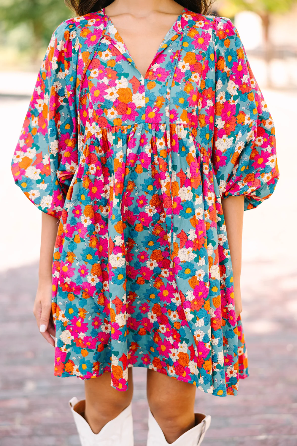 Sky Blue Floral Print Tie Split Neck Bubble Sleeve Babydoll Dress eAura