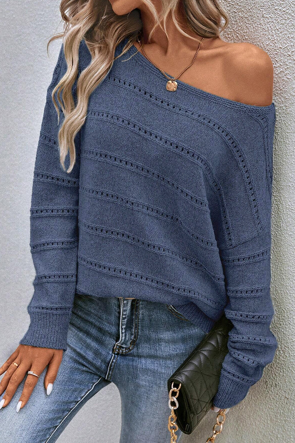Pale Khaki Boat Neck Drop Shoulder Pointelle Knit Sweater eAura
