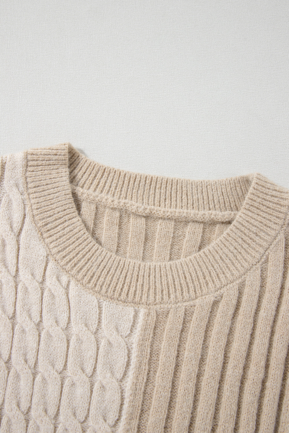 Khaki Cable Knit Colourblock Crew Neck Drop Shoulder Sweater eAura