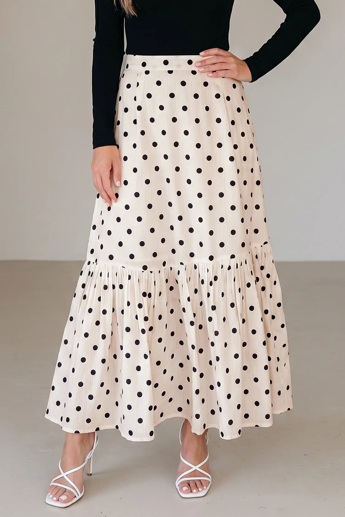White Polka Dot Ruffled Slit Maxi Skirt