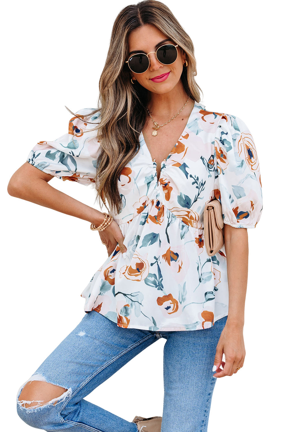 Green Floral Print Puff Sleeve V Neck Babydoll Blouse eAura