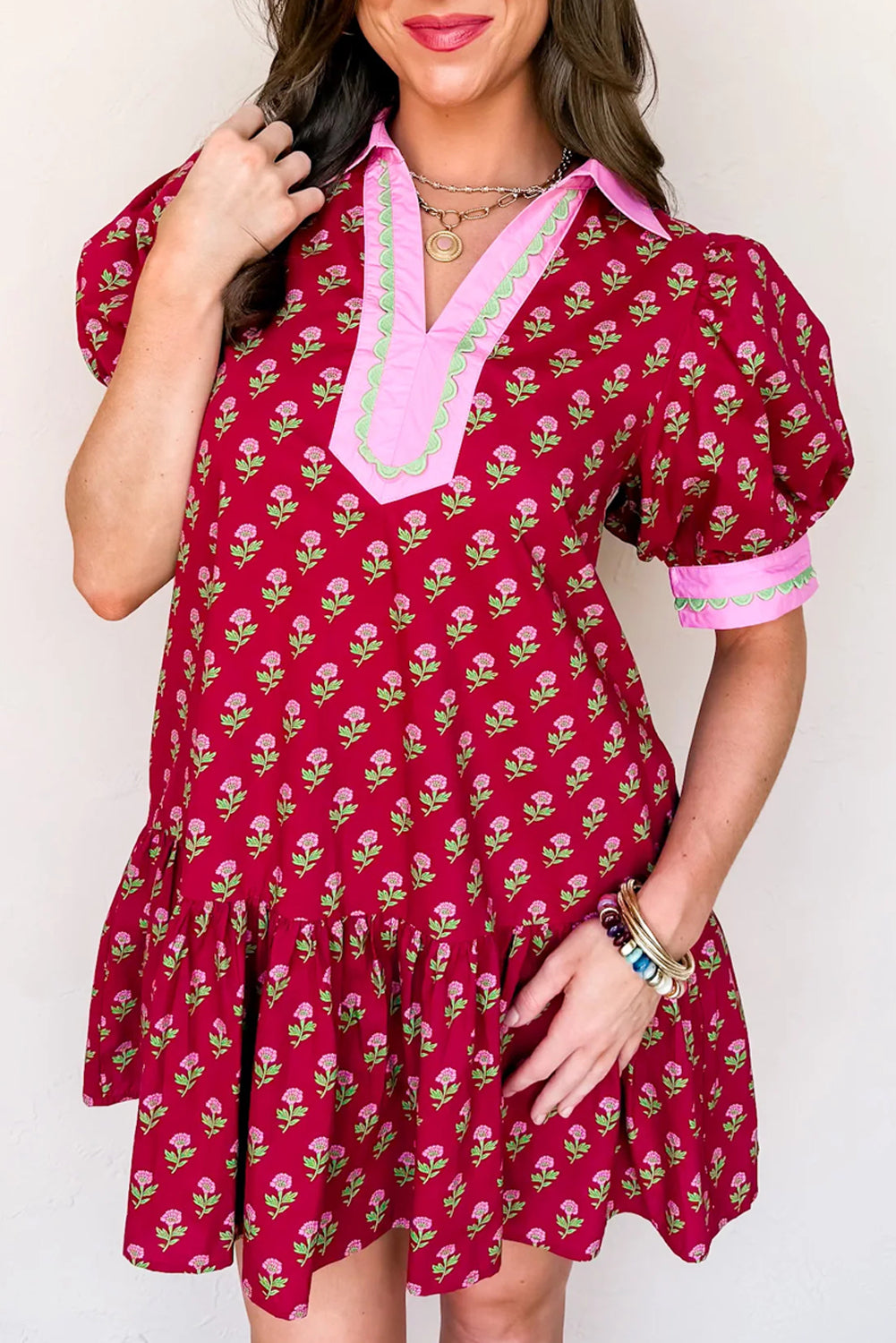 Red Floral Print Contrasted V-Neck Short Bubble Sleeve Mini Dress