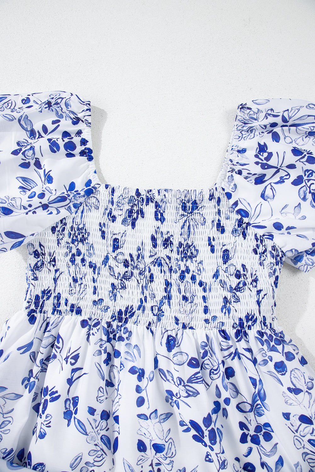 Sky Blue Floral Print Square Neck Bubble Sleeve High Waist Maxi Dress eAura
