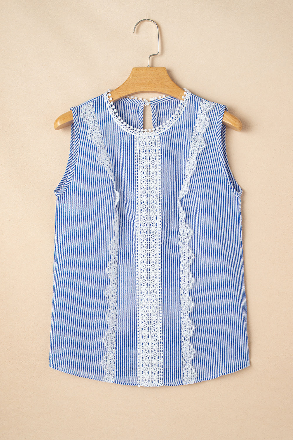 Sky Blue Stripe Lace Patchwork Crew Neck Tank Top eAura