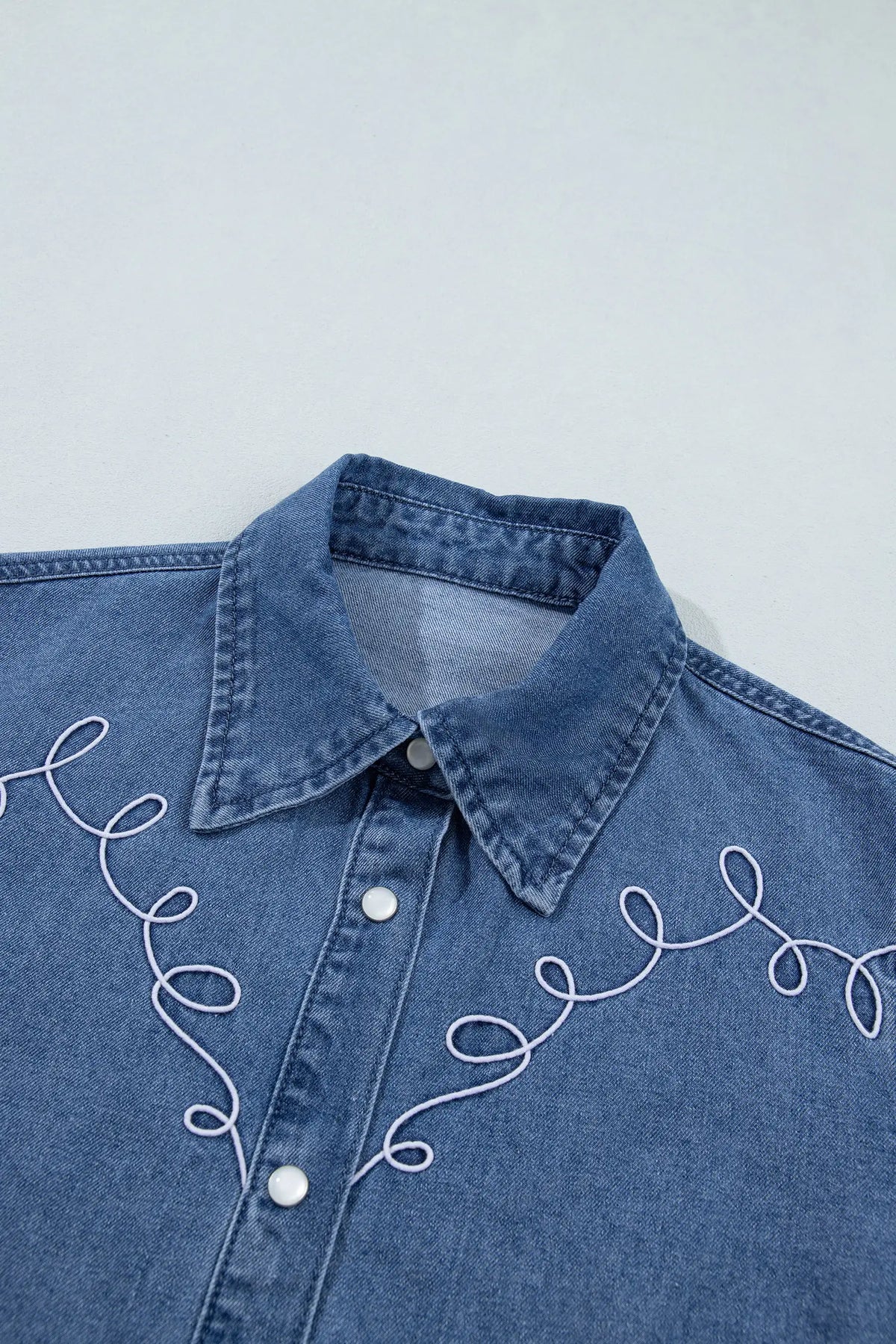 Western Embroidered Collar Long Sleeve Denim Shirt – Dusk Blue