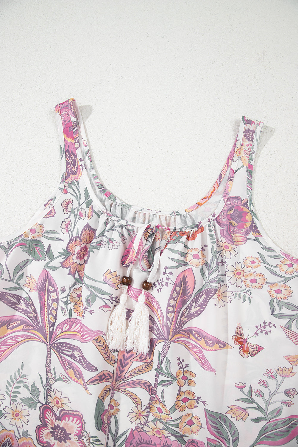 Multicolour Floral Print Fringed Tie U Neck Sleeveless Mini Dress eAura