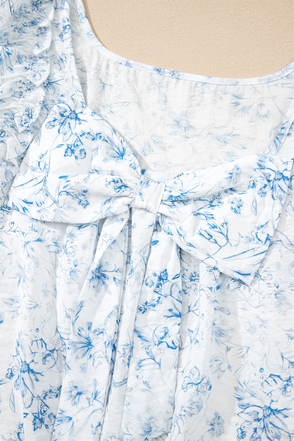 Floral Ruffled Short Sleeve Bow Back Square Neck Blouse eAura