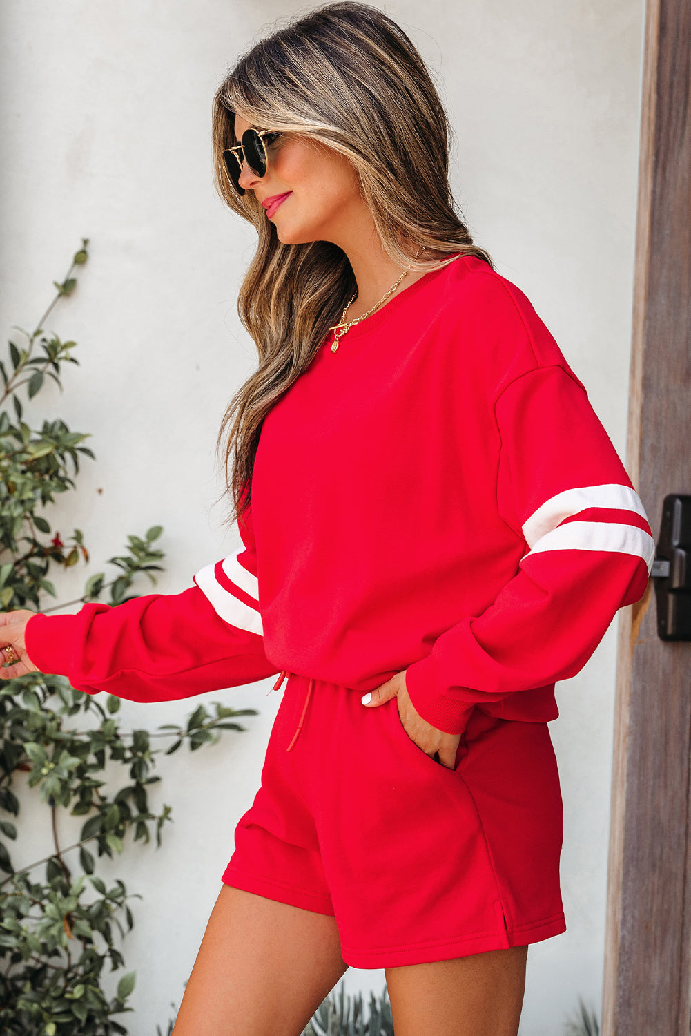 Varsity Striped Sleeve Drop Shoulder Sweatshirt and Shorts Co-ord Set eAura