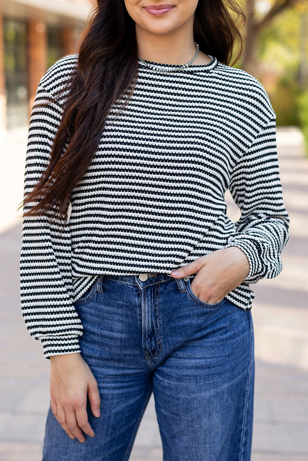 Rose Stripe Round Neck Drop Shoulder Long Sleeve Top Beagle Boutique Fashion Outlet