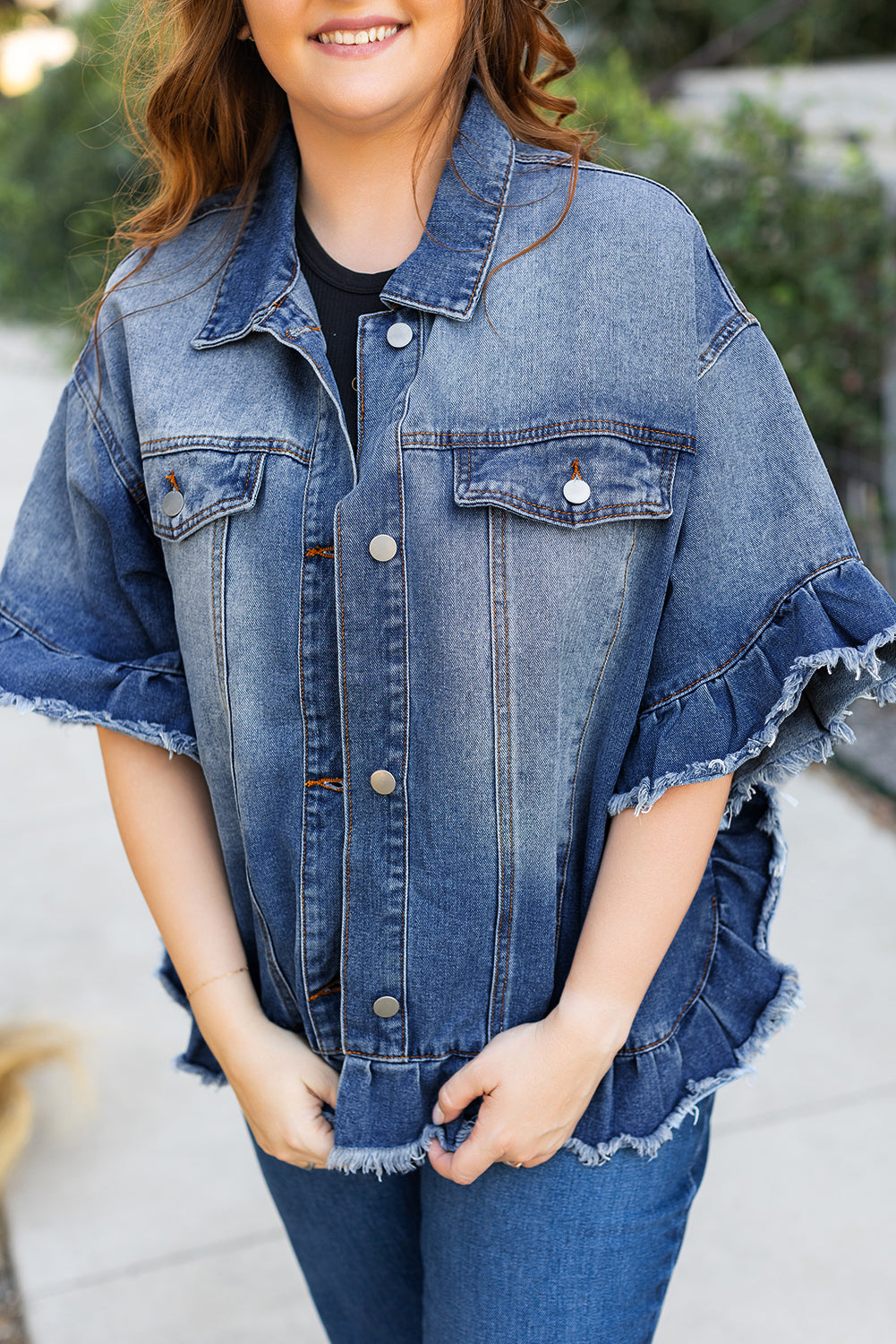 Peacock Blue Ruffled Frayed Short Sleeve Plus Size Denim Jacket Beagle Boutique Fashion Outlet
