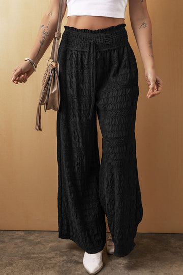 Black Textured Wide Smocked Waist Loose Trousers Beagle Boutique Fashion Outlet