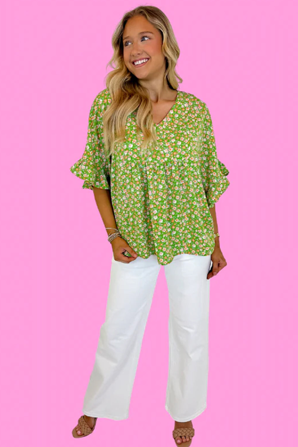 Green Floral Print Ruffle Sleeve V Neck Blouse Top eAura